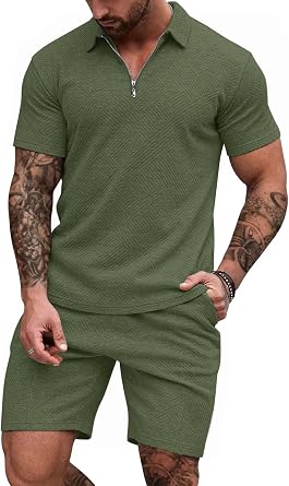 EISHOPEER Mens Polo Shirt and Shorts Set Fashion Zipper 2 Pieces Outfits