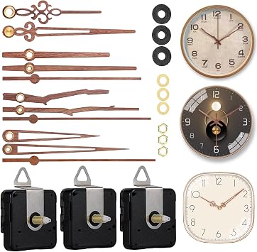 EMOON 3 Pieces Quartz Clock Mechanism Replacement Kit Long and Short Shaft Length with 4 Types of Walnut Wood Clock Hands DIY Clock Repair Parts Total Shaft Length 16mm,20mm,23mm