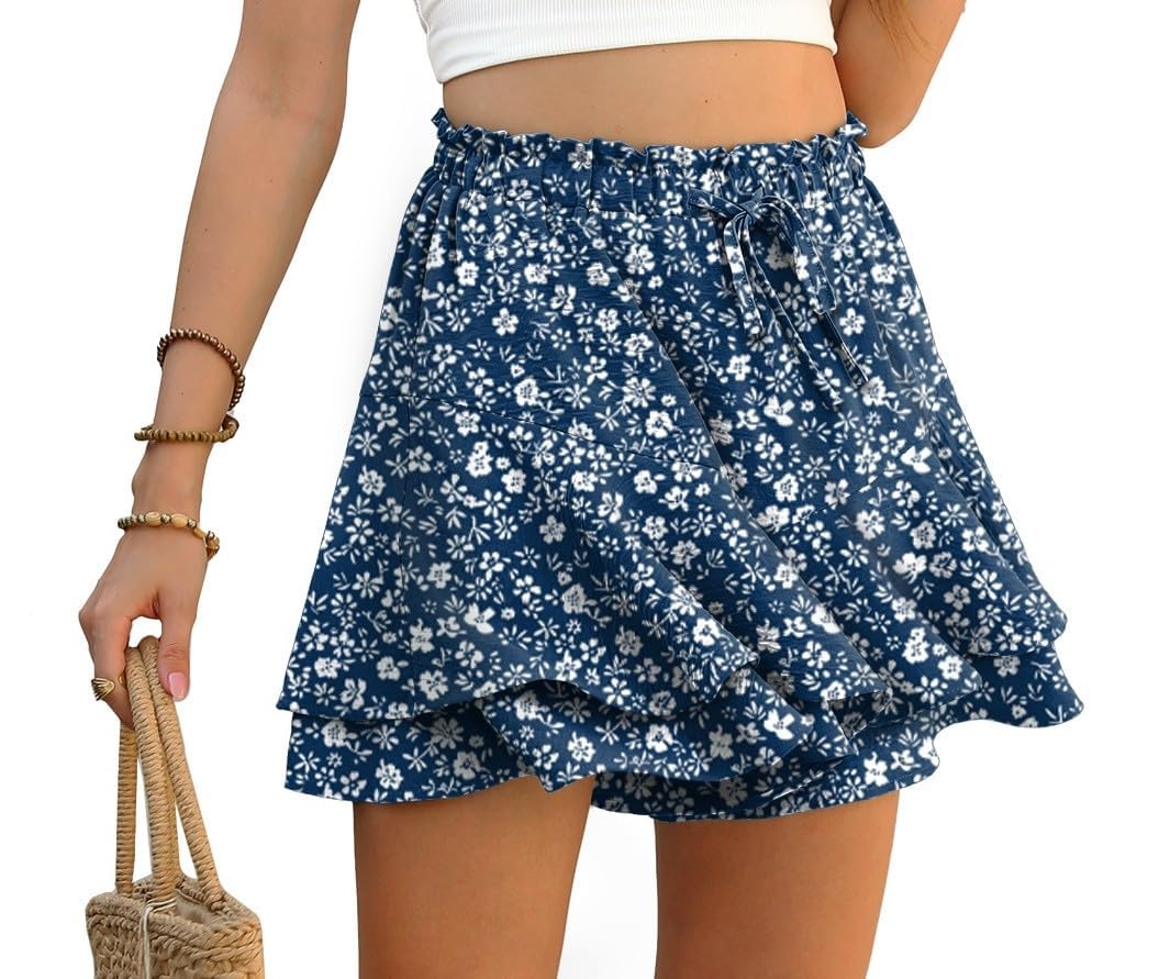 PrinStory - Pantaloncini da donna estivi a vita alta con volant, pantaloncini corti comodi a gamba larga, gonna corta, per tempo libero, spiaggia, vacanze