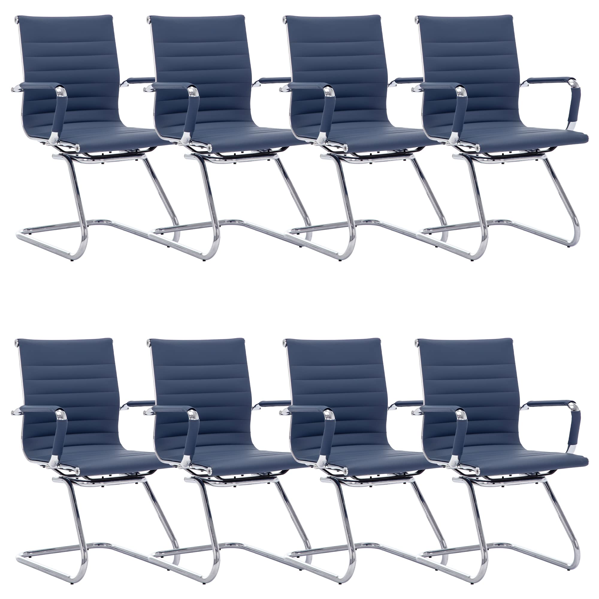 Office Desk Chair Set of 8,No Wheels PU Leather Computer Chairs Mid Back Guest Chairs with Seld Base for School/Reception/Conference/Waiting Room,Navy Blue
