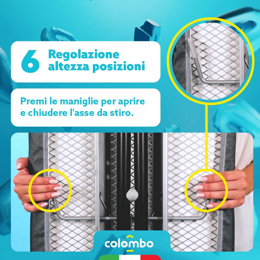 Colombo Asse da Stiro Jupiter 120x40cm con Porta Caldaia 10kg e Barra Porta-Grucce | Asse da Stiro Pieghevole Stabile Altezza Regolabile Fino a 95cm con Copriasse in Cotone Biologico | Made in Italy