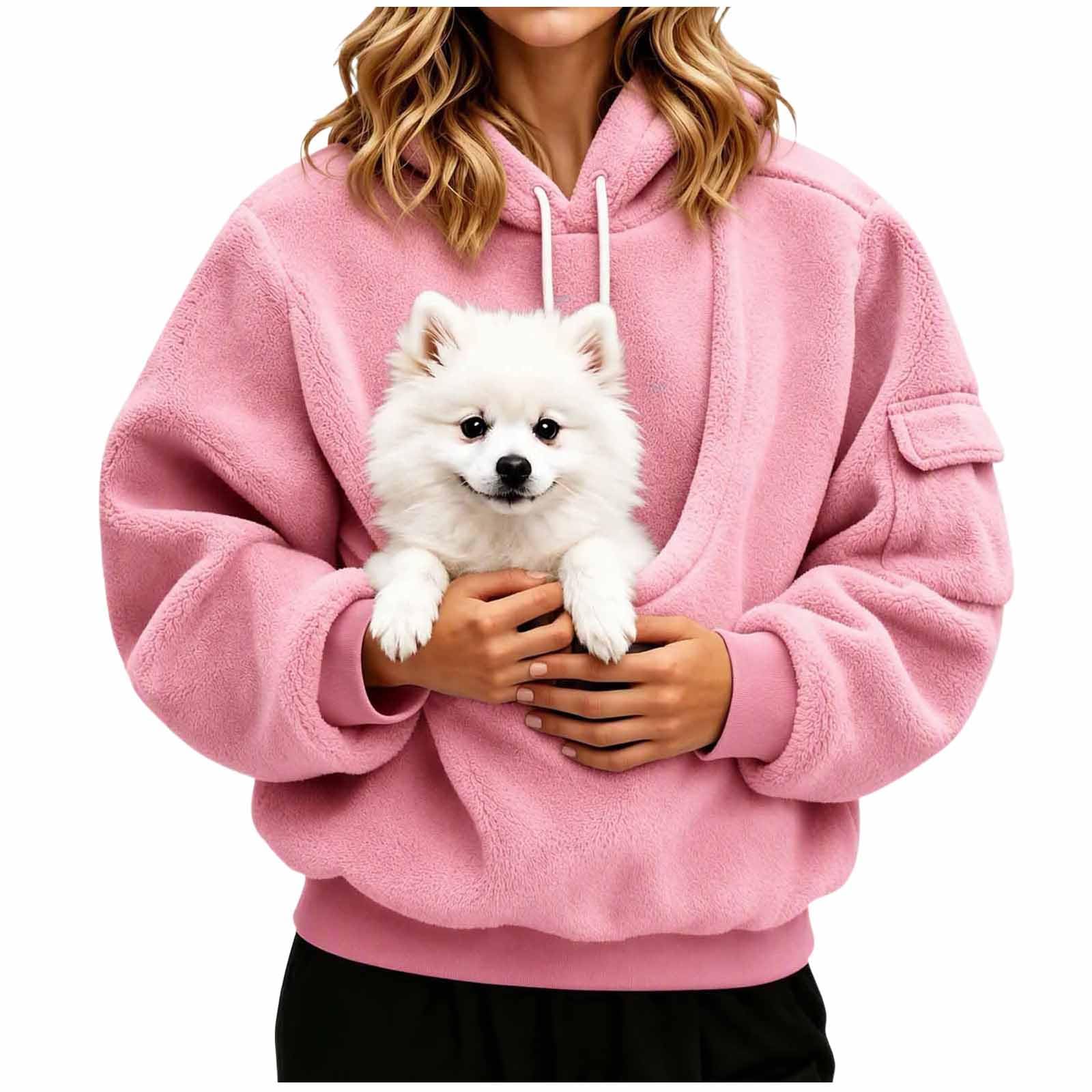 Pet Pouch Hoodie for Women Fuzzy Fleece Dog Cat Carrier Casual Sweatshirts Sleev...