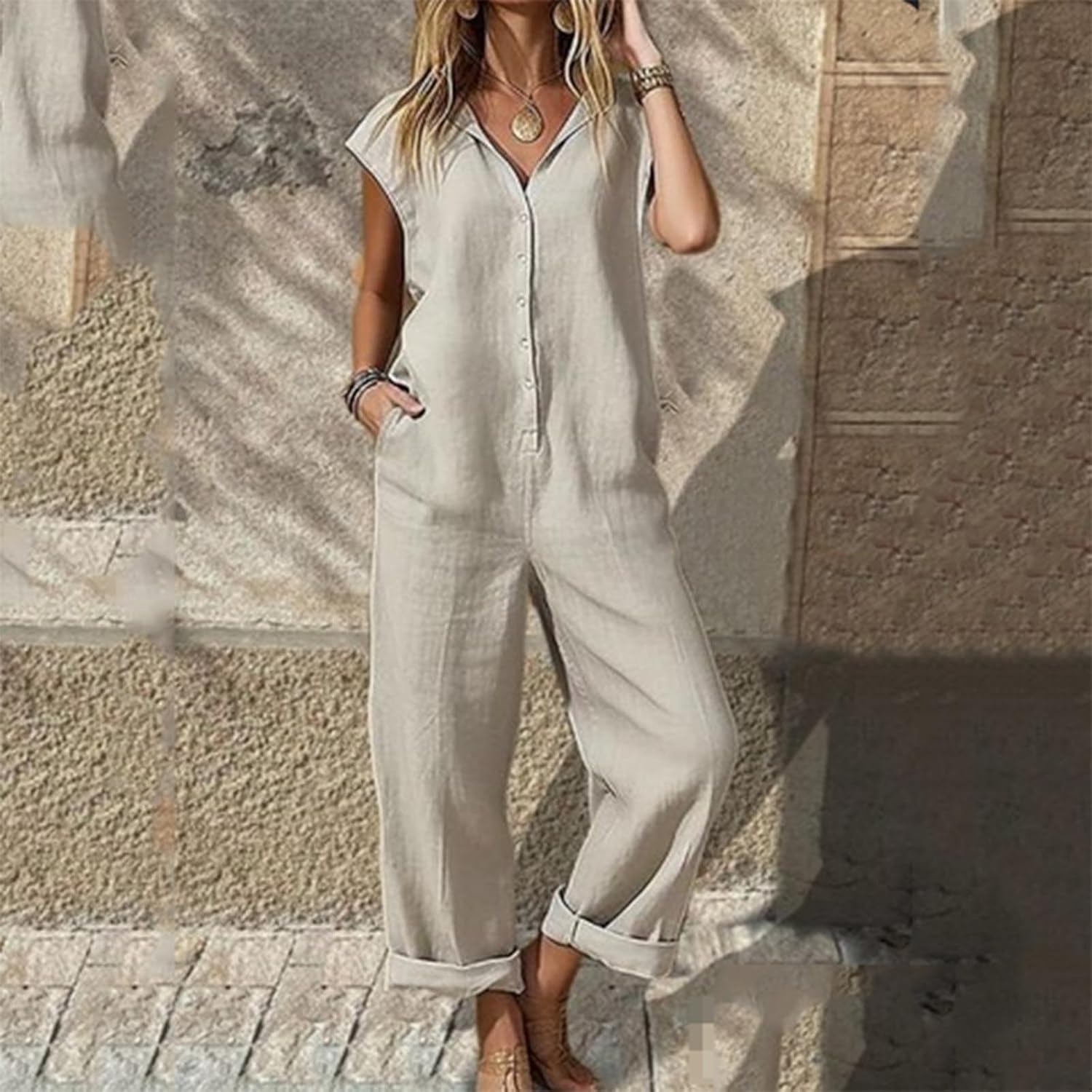 Linen Jumpsuits for Women Button Down Casual Loose One Piece Overalls Short Sleeve Wide Legs Flowy Rompers - Image 3