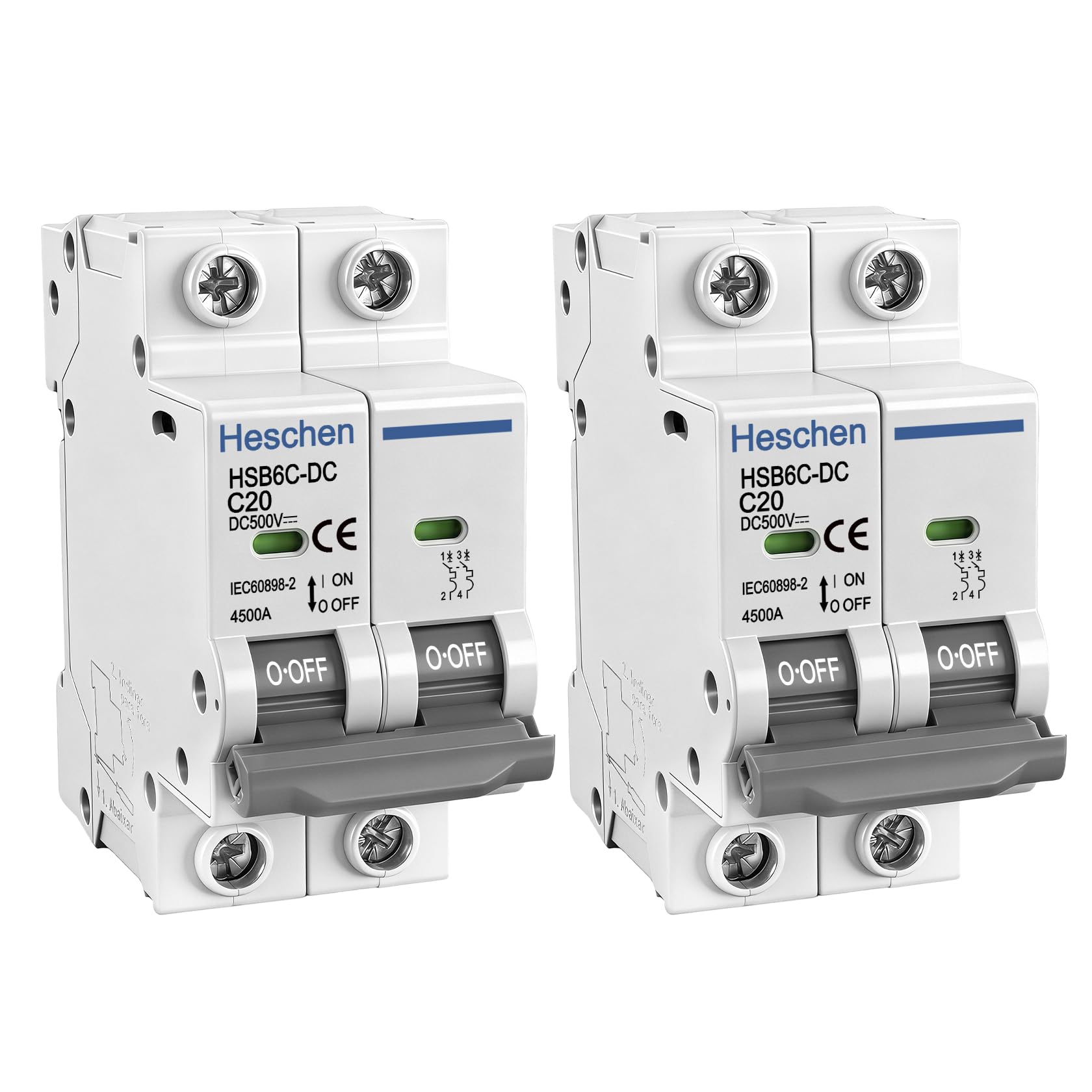 Heschen Lot de 2 disjoncteurs miniatures DC HSB6C-DC, 2 pôles, DC500V 20A, Disjoncteur de puissance photovoltaïque, pour système photovoltaïque solaire, panneaux solaires, système de treillis (20A)