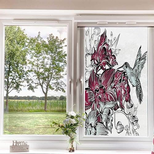 Miniatura 4 de Calcomanías de película para ventana de colibrí, ramo de flores de orquídeas y diseño de vida silvestre, bloqueo de luz para sala de estar y baño,