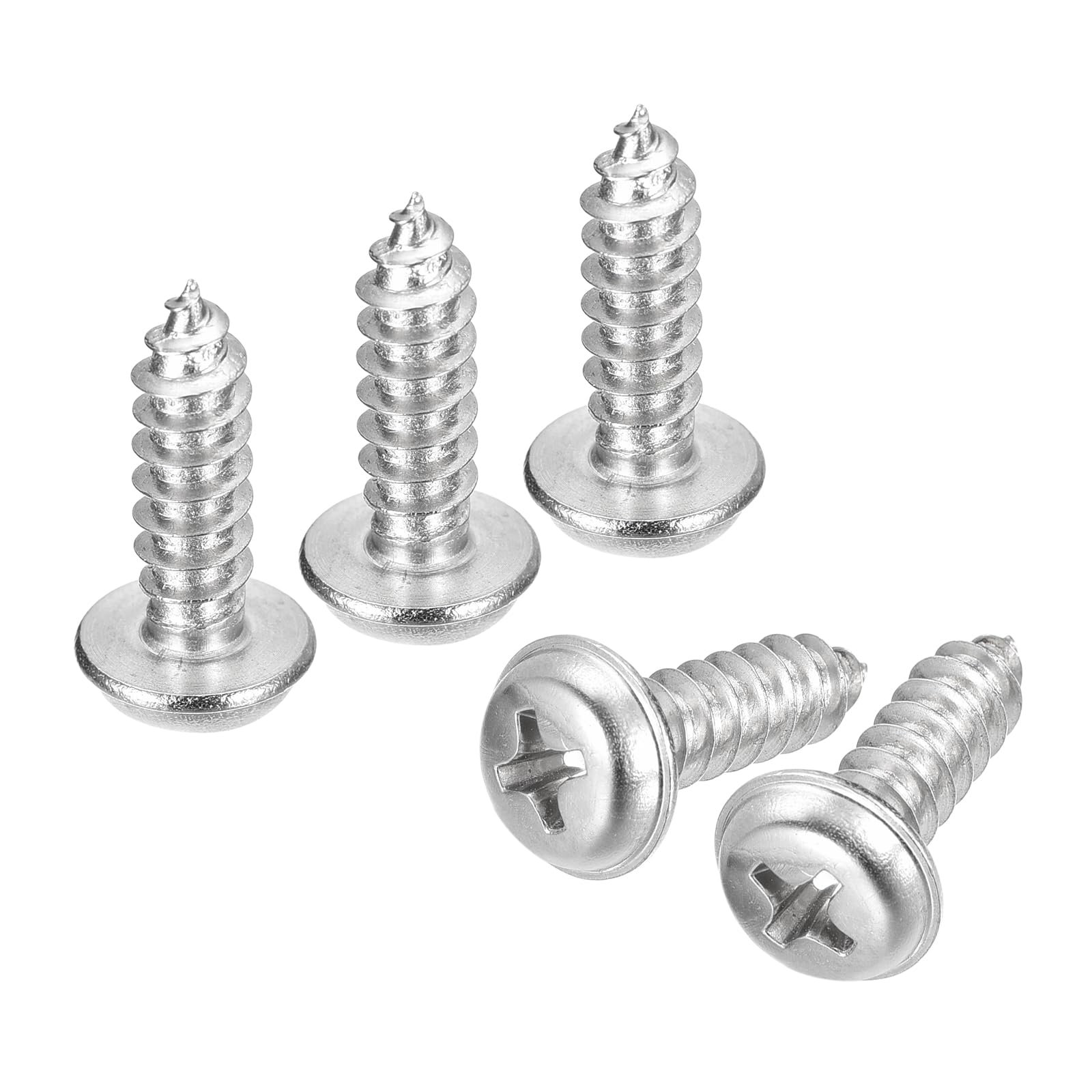 uxcell ST5x16mm Phillips Pan Head Self-Tapping Screw with Washer, 50pcs - 304 Stainless Steel Wood Screw Full Thread (Silver)