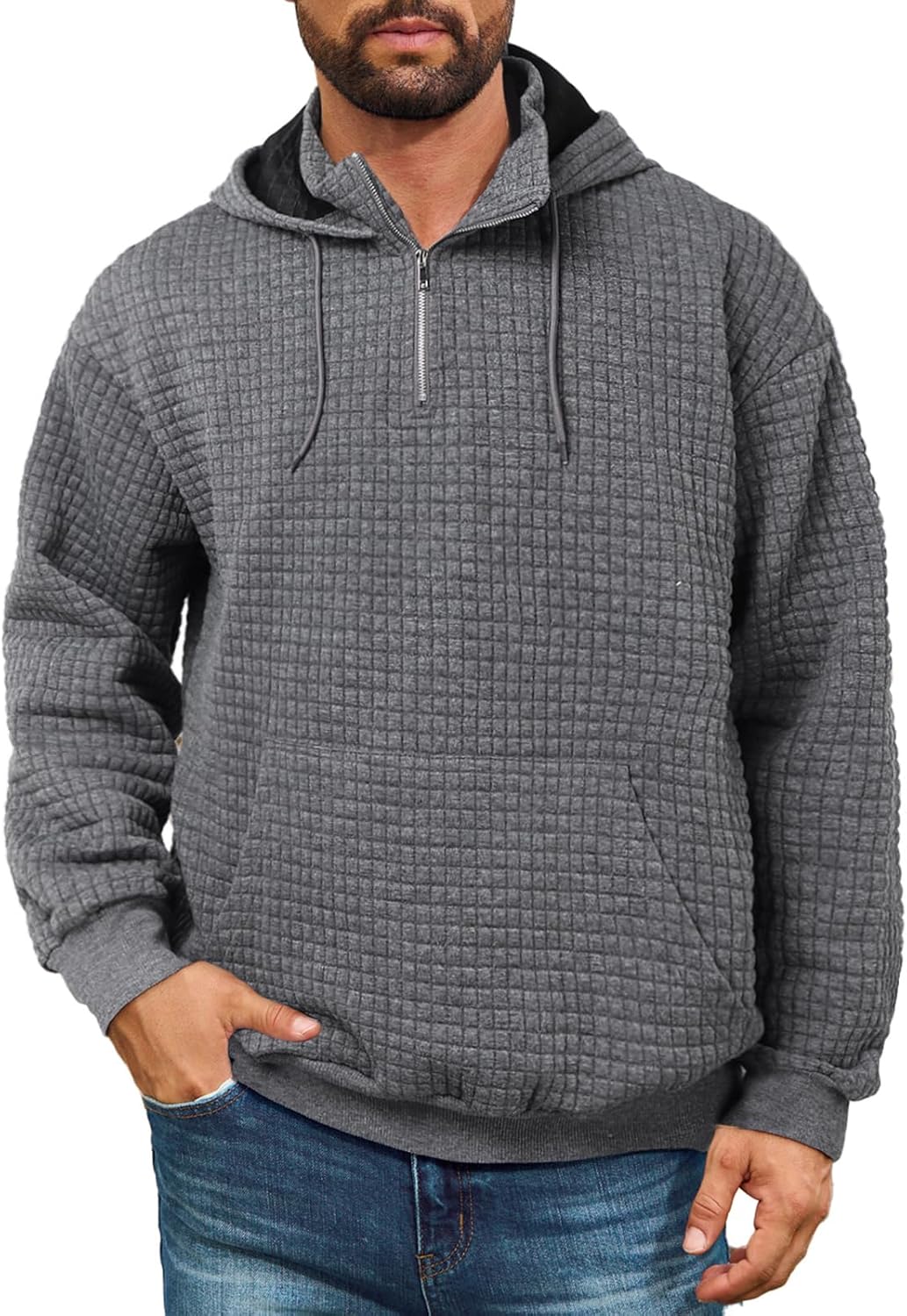Auxo Mens Quarter Zip Pullover Fashion Quilted Hoodies Long Sleeve hooded Sweatshirt with Pocket