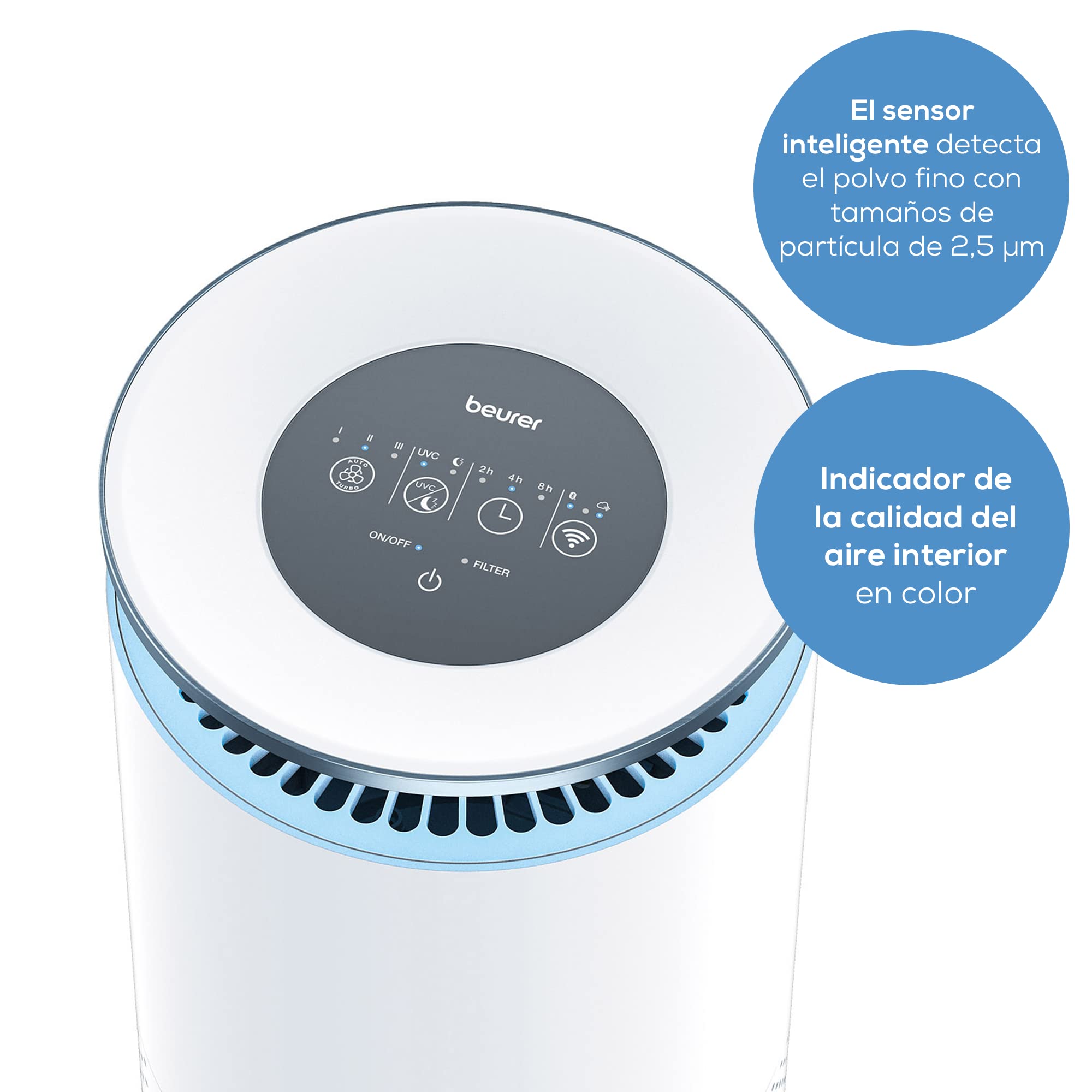 Beurer LR 400 Purificador de aire, control y monitorización del aire de la habitación vía app, sistema de filtro de tres capas y luz ultravioleta conmutable, para habitaciones de hasta 69m²