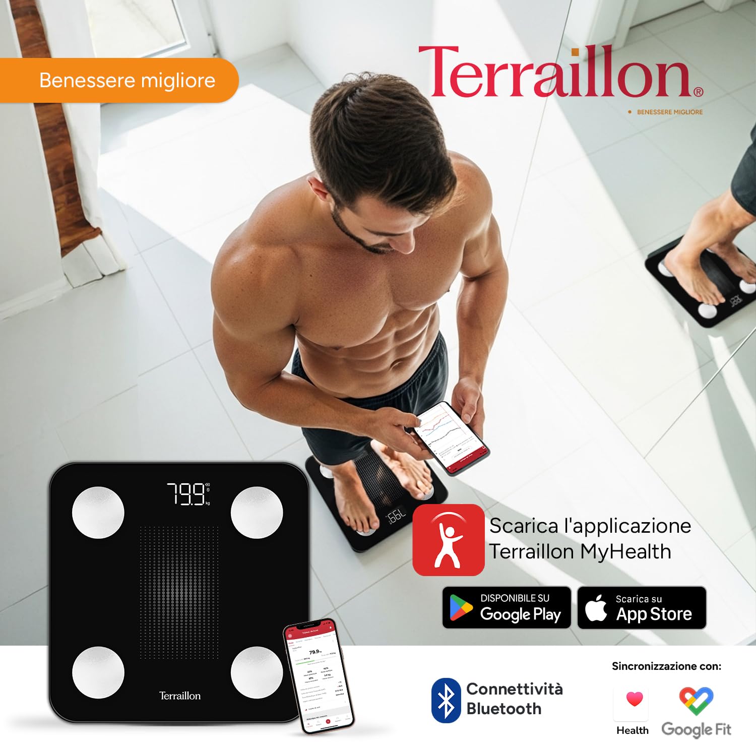 TERRAILLON - WEIGHT CONNECT - Bilancia Intelligente Bluetooth, analisi delle masse grassa, muscolare, idrica e ossea, BMI, capacità 180 kg, gradazione 50 g, schermo LED, vassoio vetro, nero