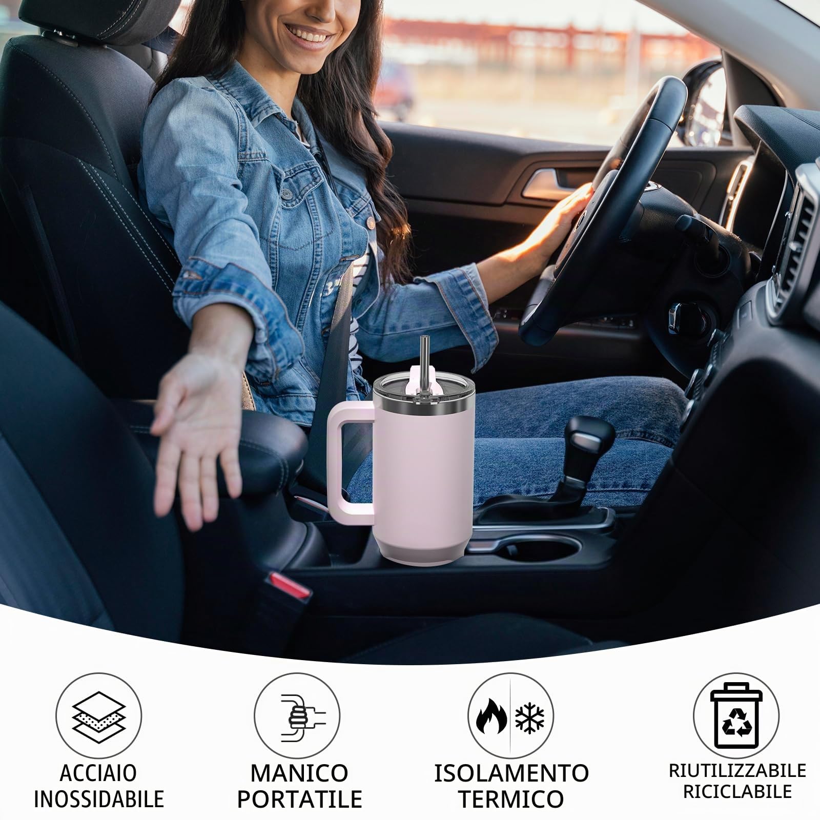 WATERSY 1.2L Bicchiere Termico con Manico, 40 oz Grande Tazza Termica in Acciaio Inox, Tazza da Caffè con Cannuccia, Thermos per Acqua Doppia Parete, per Palestra, Auto e Viaggio (Rosa Chiaro)