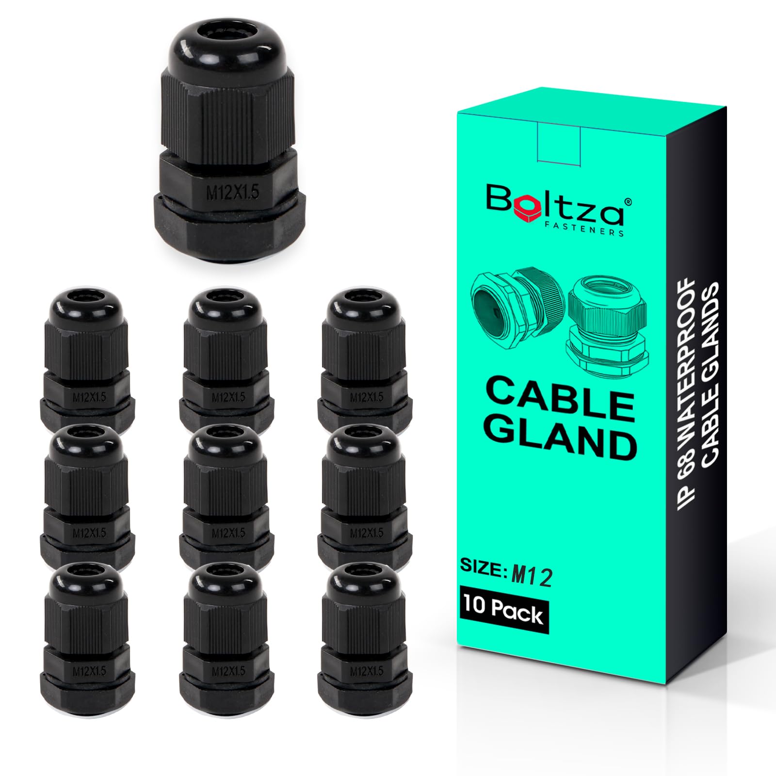Boltza® Black Nylon Cable Gland – IP68 Waterproof Cable Connector for Electrical Enclosures, Junction Boxes, Outdoor Use – Conduit Gland – 10 Pack (M12)