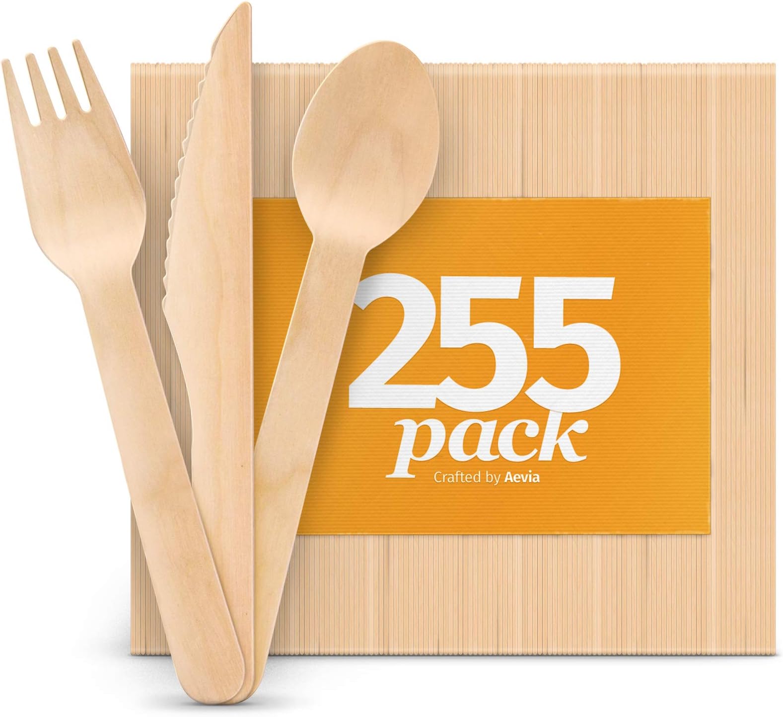 Aevia Disposable Wooden Cutlery Set - Natural, Eco-Friendly, Biodegradable & Compostable Utensils - Great Alternative to Plastic or Bamboo Utensils - Pack of 255