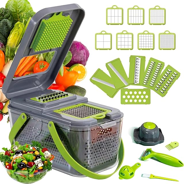Upgrade22pcs Vegetable Chopper Slicer, Food Chopper D L D Onion Dicer Veggie Slicer Cutter with Multi-Functional Interchangeable Blades Cheese Grater for Garlic Carrot Potato Tomato Fruit Salad