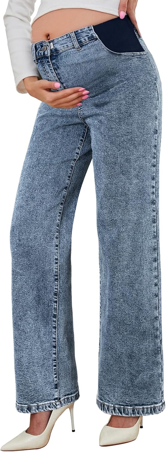 BLENCOT Maternity Jeans for Women High Waist Straight Leg Pregnancy Denim Pants with Pockets