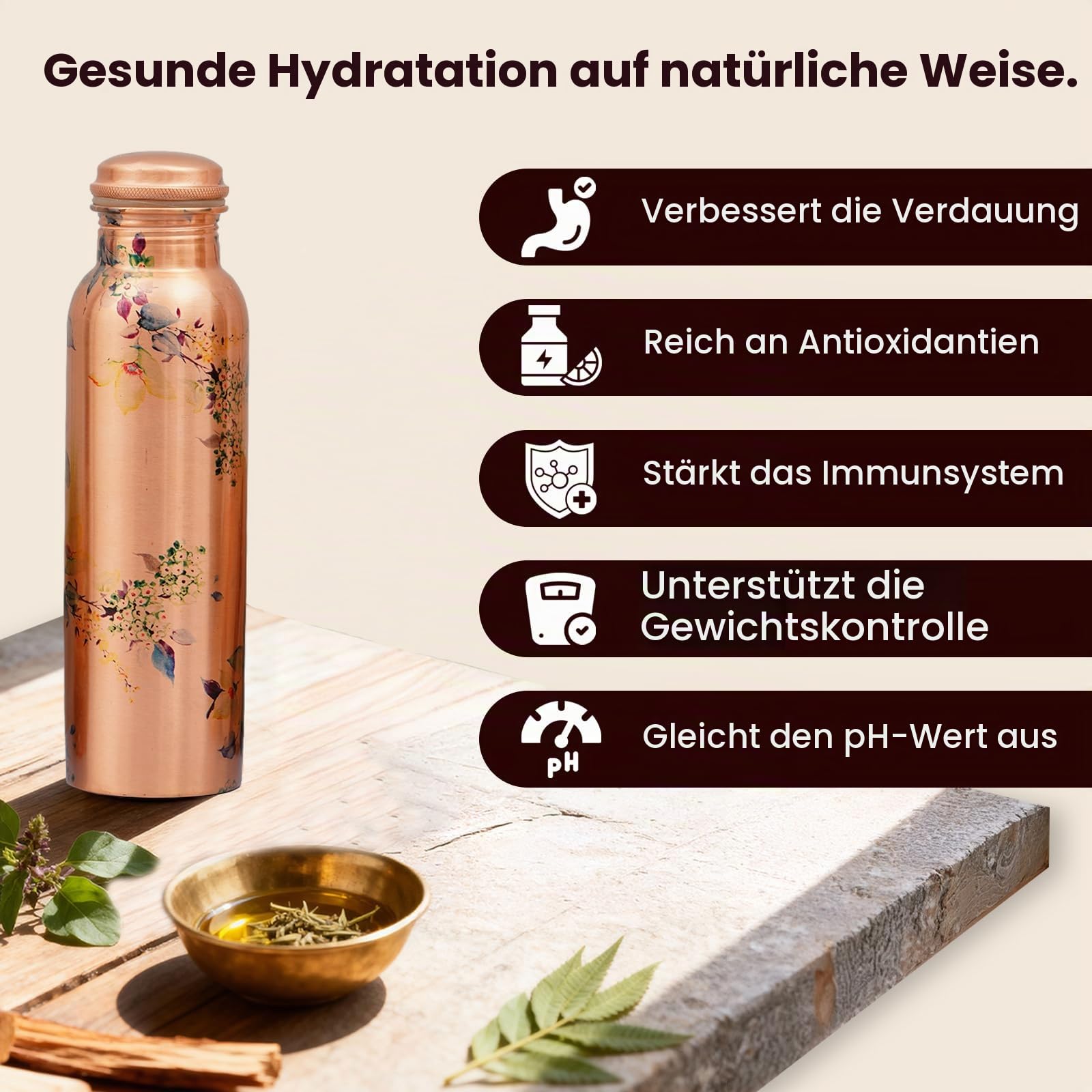 Craft Trade Wasserflasche aus reinem Kupfer, 1000 ml, auslaufsichere ayurvedische Kupferflasche für Büro und Yoga – 2 Stück