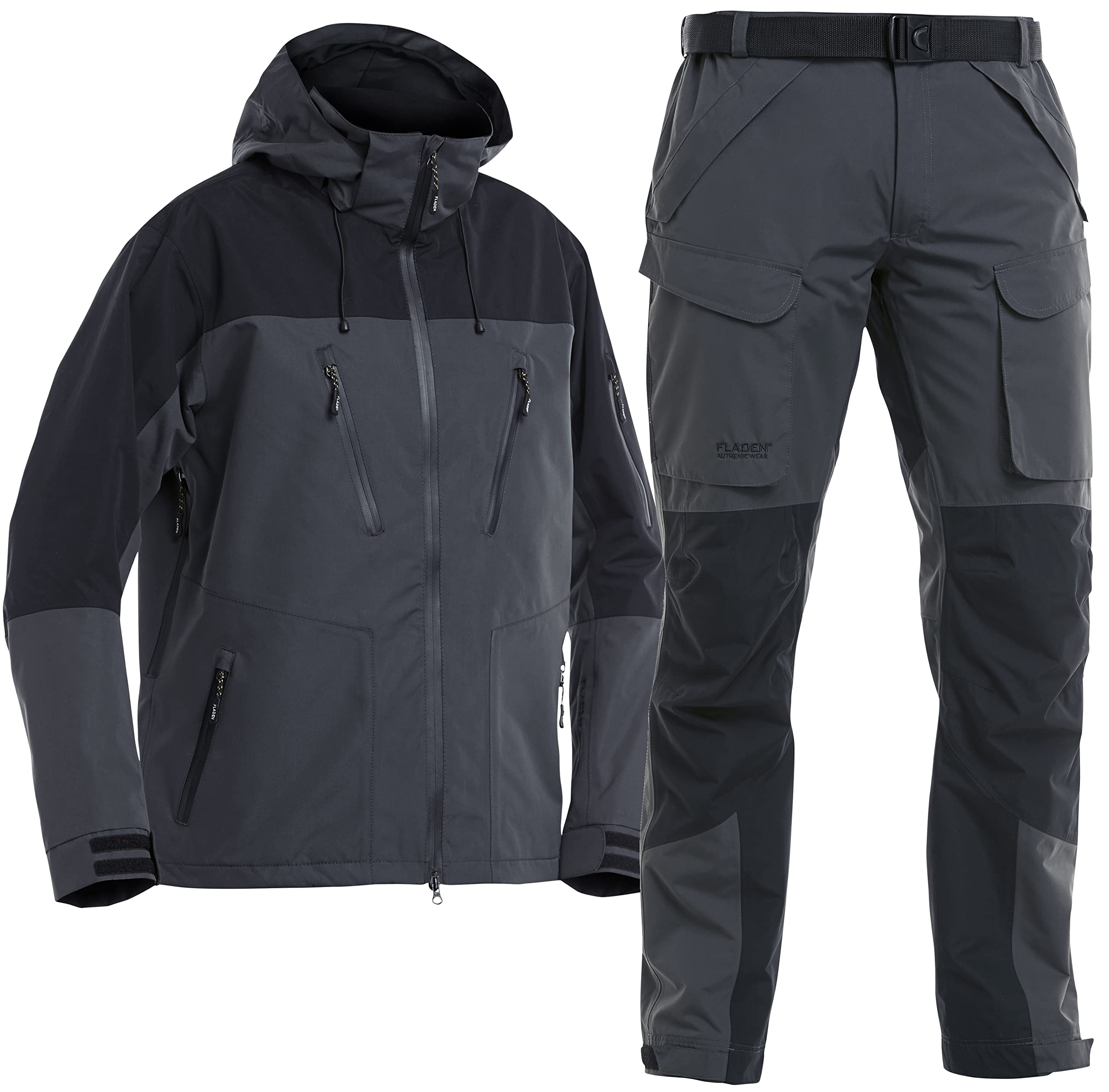 FLADEN Outdoor Authentic 2.0 Angel Anzug - Grau-Schwarz - Jacke + Hose - Wasserdicht Atmungsaktiv Winddicht - Angelanzug Gr. S - XXL (S)