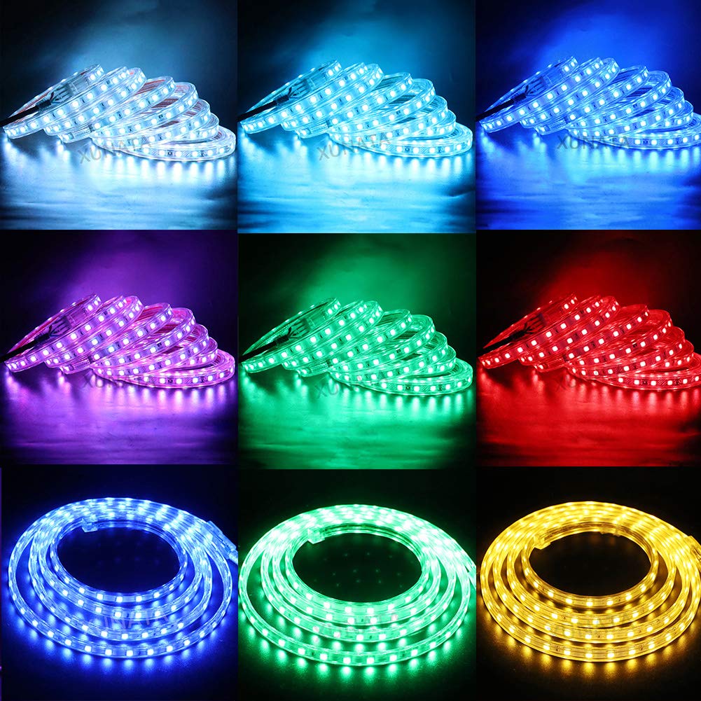 Kit de tira LED inteligente de sincronización de música y control Bluetooth, 100 m SMD 5050 RGB 120 LEDs/m de cuerda de luces + control remoto regulable, IP65 impermeable para decoración comercial en