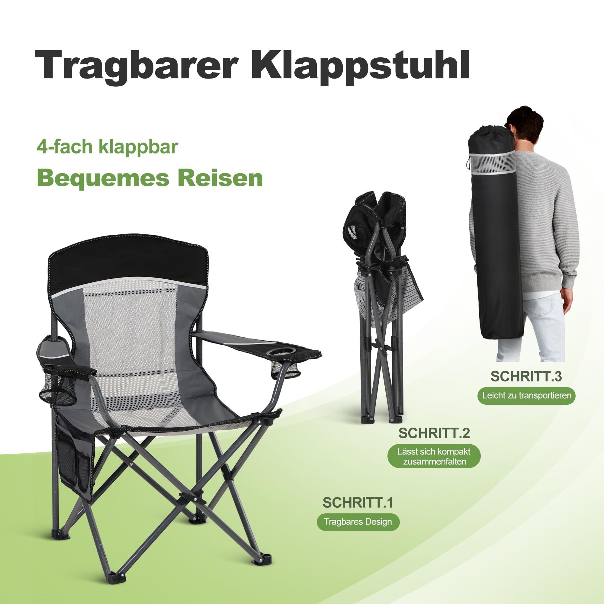 LET'S CAMP Netzrücken Campingstuhl Tragbar Klappbar Campingstuhl Faltbar Camping Stuhl mit Getränkehalter Tragetasche für Camping, Angeln, Wandern bis 150kg