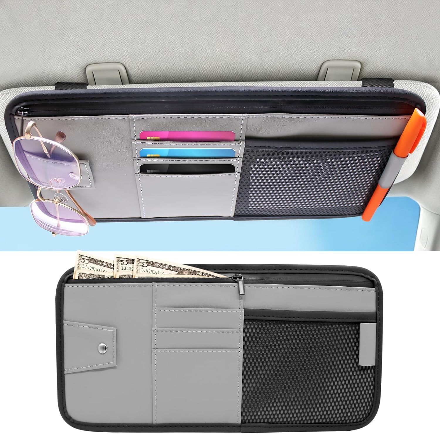 YDSTNiu 1 Pcs Car Sun Visor Organiser for Mitsubishi Lancer IX 2015-2017, Interior Storage Pocket Pouch Sunvisor Tidying Bag Cards Glasses Pen Holder,Grey