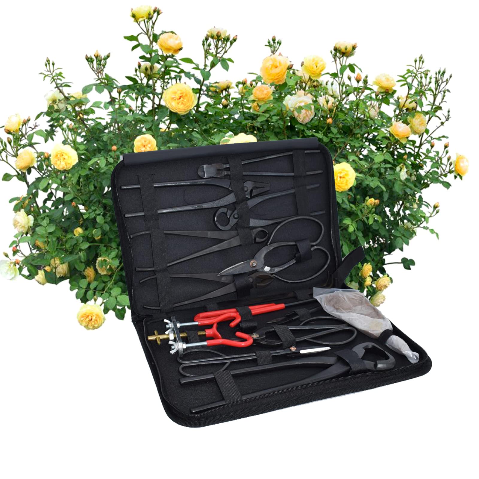 RoseFlower 14-teiliges Bonsai-Werkzeug-Set, Bonsai Werkzeug Kit Enthalten Knaufschneider, Konkavschneider, Drahtschneider, Jin-Zange, Kohlenstoffstahlschere, Modellierung Werkzeug, Gartengeschenk