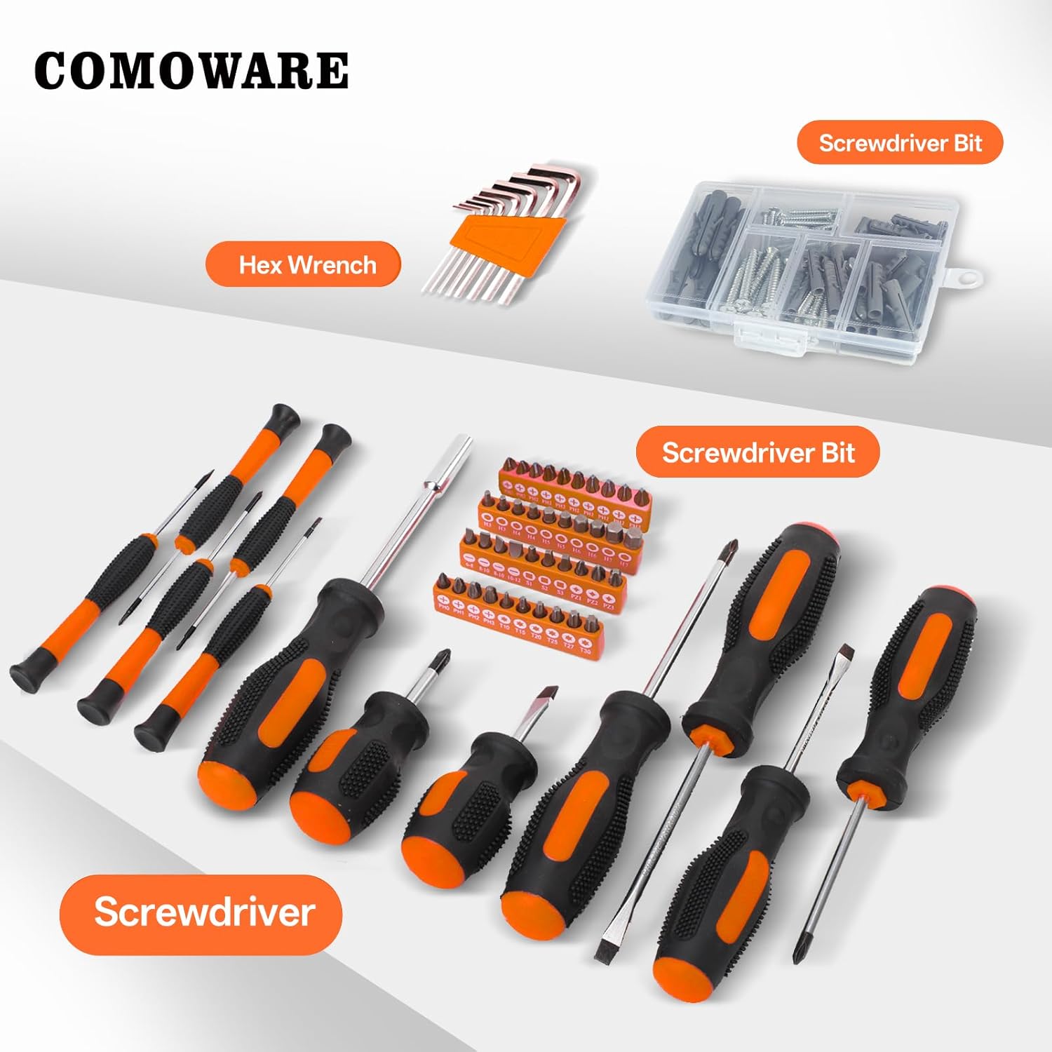 COMOWARE 218 Pcs Home Tool Kit - Basic Household Hand Tool Set, Truck Tool Kit Socket Wrench Combination Tool Set for Home with Plastic Toolbox Storage Case, Rv tool set，Orange