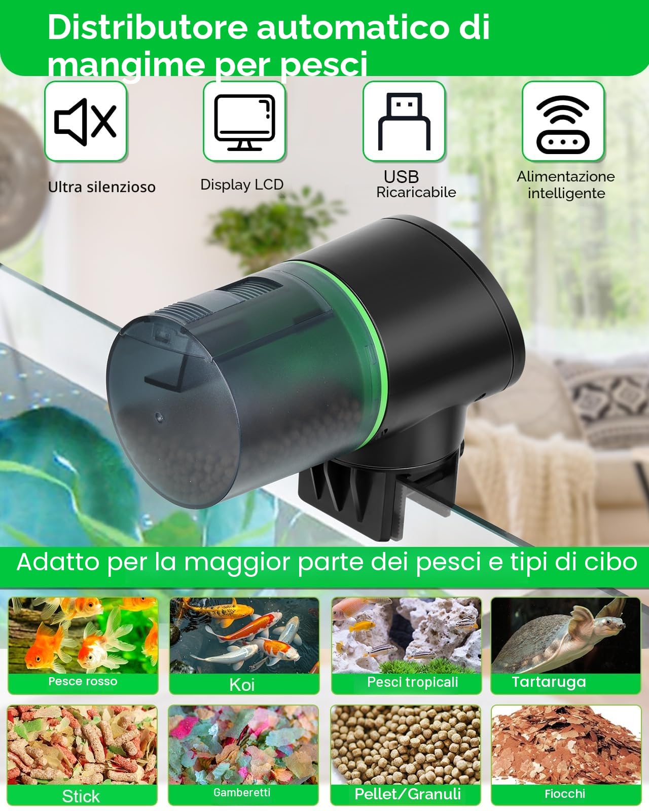 Mangiatoia Automatica Acquario - Mangiatoia Pesci Intervallo di alimentazione del pesce facile da impostare 12/24/48 ore con Cavo di USB Charger, Dispenser Cibo Pesci Automatico, Nero