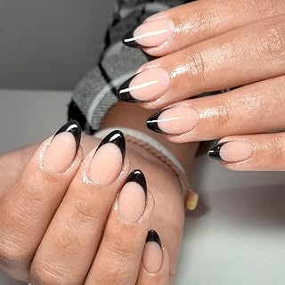 Black French Tip Press on Nails Short Almond Fake Nails with Glue Almond Press on Nails Medium Glossy Acrylic Nails Press ons Full Cover Glue on Nails for Women Girls