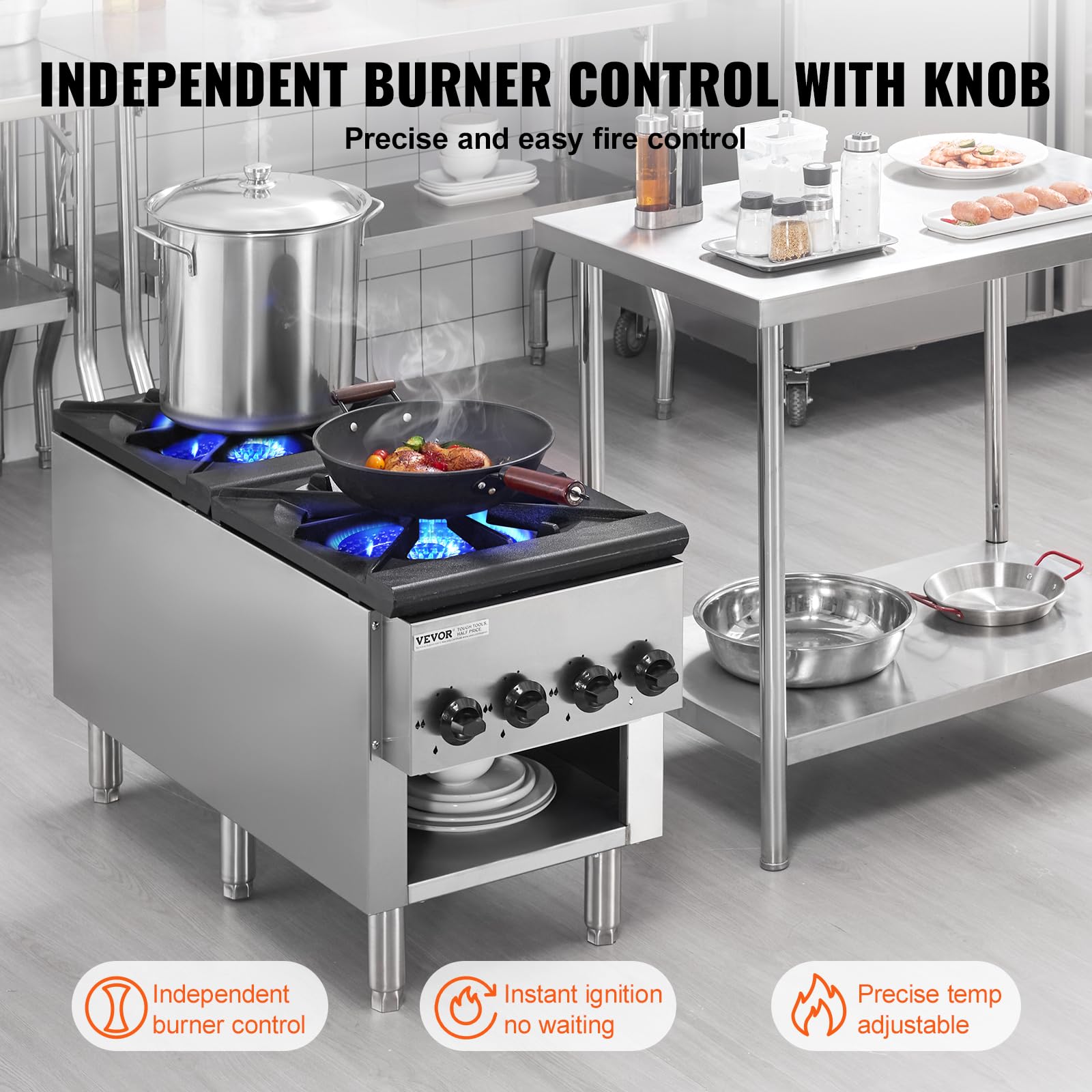 VEVOR Cuisinière à Gaz Commerciale 2 Brûleurs, Plaque de Cuisson de Comptoir au Propane et au Gaz Naturel, 52 kW, en Acier Inoxydable, avec Armoire, Équipement de Cuisson Commercial pour Restaurant