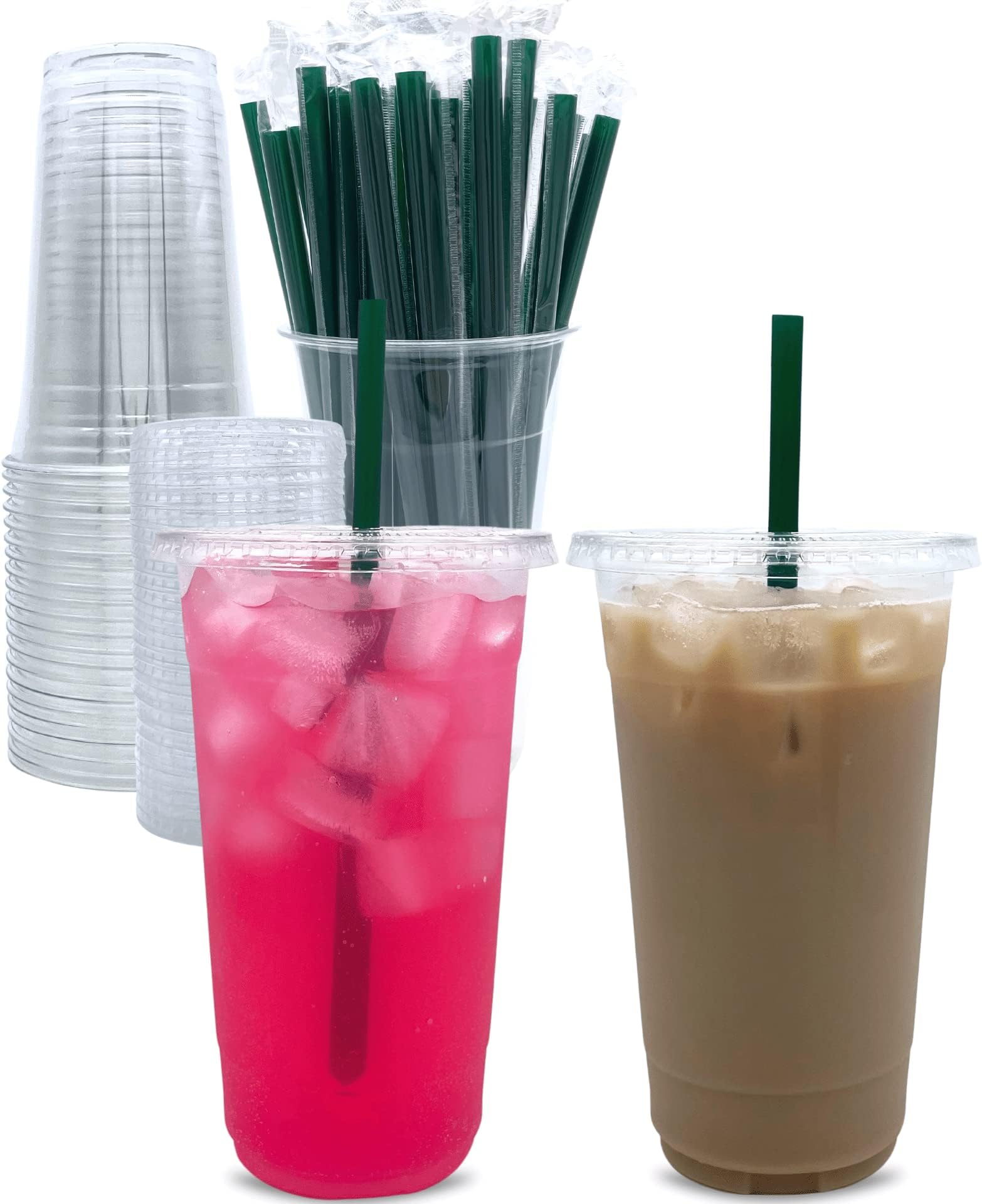 Aatriet 32 oz Clear Plastic Cups with Lids and STRAWS, Disposable Party Cups for To Go Iced Coffee Cold Drinks, Smoothie, Juice, Parfait, Frappuccino, Milkshake. No Leaking Fruit Cup, 25 Sets