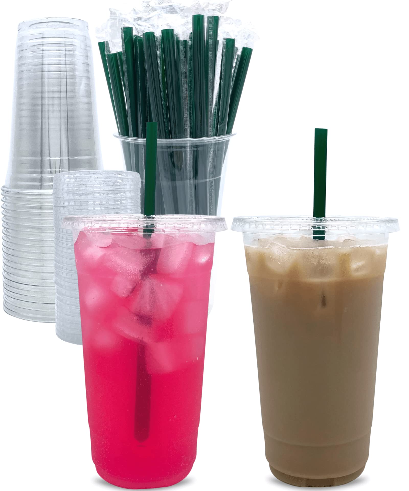 Aatriet 32 oz Clear Plastic Cups with Lids and STRAWS, Disposable Party Cups for To Go Iced Coffee Cold Drinks, Smoothie, Juice, Parfait, Frappuccino, Milkshake. No Leaking Fruit Cup, 25 Sets