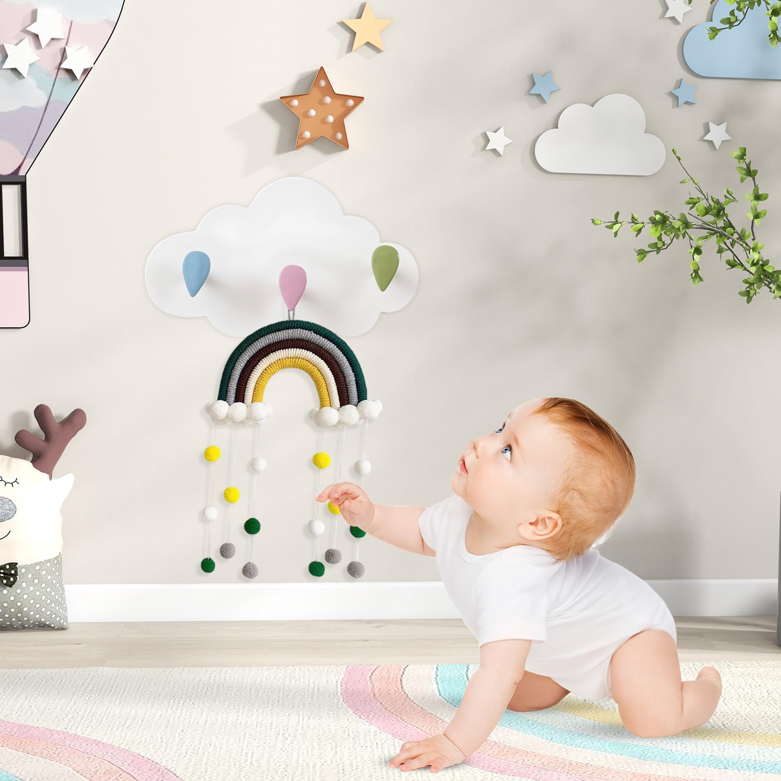 Perchero de pared para habitación infantil Perchero para niño Perchero infantil con 3 ganchos Colgador de Puerta con Nube Perchero de Pared Colgador para Decorar la habitacion de los niño