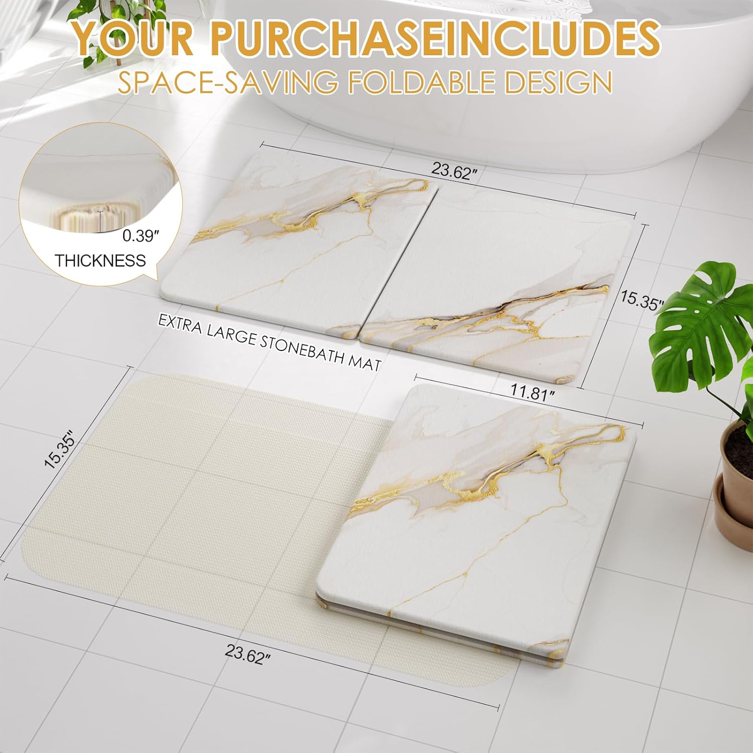 Foldable Stone Bath Mat - 24"x16" Fast-Drying Diatomaceous Earth Stone Shower Mat for Bathroom & Kitchen - Absorbent Non-Slip Diatomite Floor Mat - Eco-Friendly, Easy-Store Minimalist Home Decor