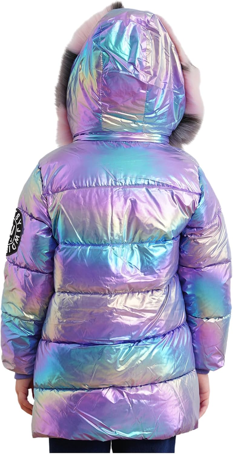 TiaoBug Kids Girls Shiny Metallic Hooded Down Jacket Winter Coat Parka Waterproof Windproof Puffer Jacket Snow Outwear