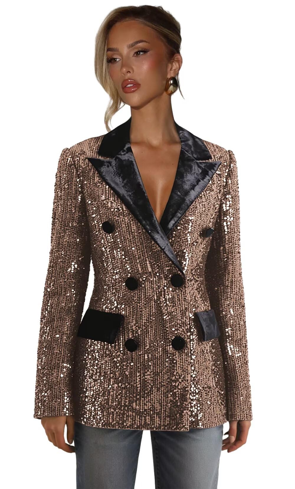 Sequin Blazer for Women Sparkly Double Breasted Womens Suit Jacket Glitter Peak Lapel Prom Party Blazers