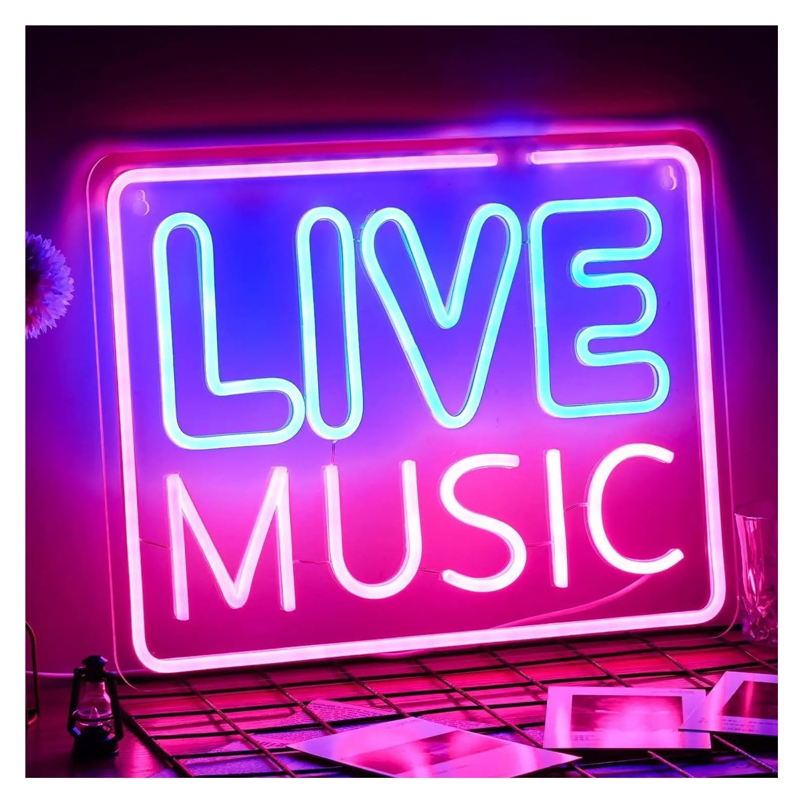 Luci al Neon Da Parete Insegna Al Neon "Live Music"Con Scritta Rosa E Blu, Decorazione Da Parete A LED Per Camera Da Letto, Sala Giochi, Club Musicale, Bar, Studio, Feste,32x40cm