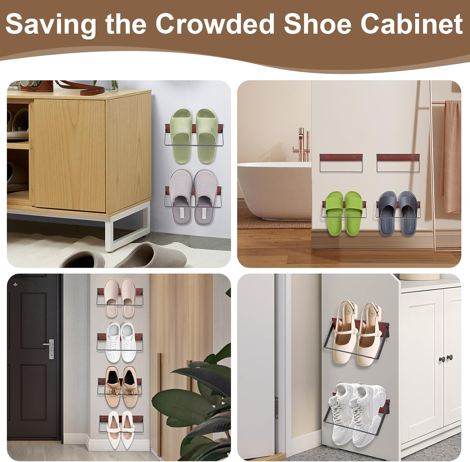 SCUNDA 2-Pack Wall Mounted Shoe Rack, Wooden & Metal Foldable Shoe Rack - Space Saving Wall Shoe Holder for Entryway, RV, Camper, Closet, Apartment, Fits Various Shoes-Brown