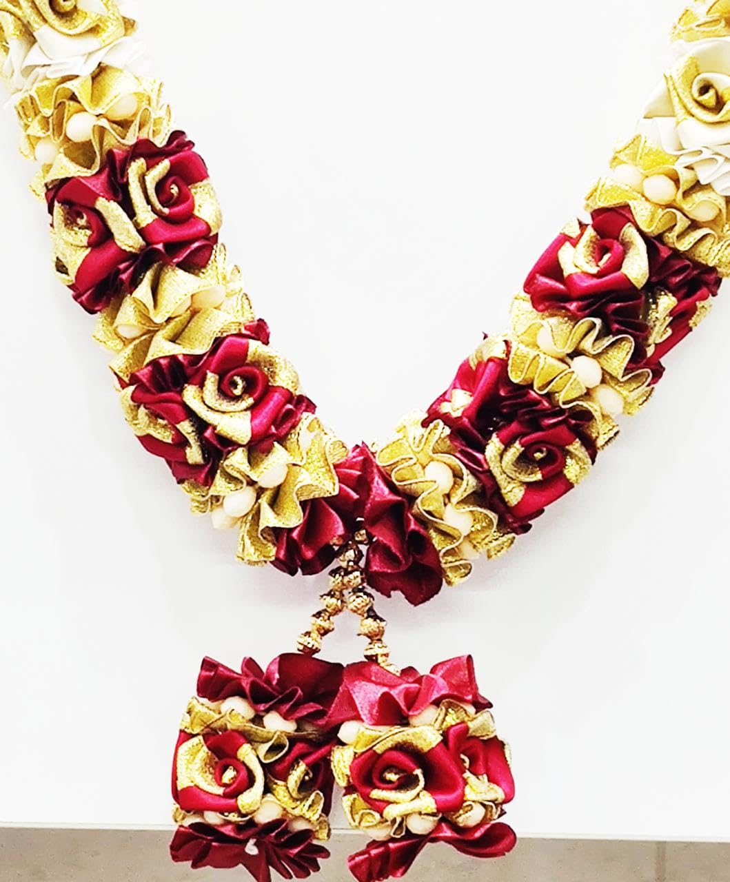 RJ SALES & PROMOTIONS Unisex Adult 25 Inches Satin and Tissue with Plastic Beads Haar Width 1" -Maala for Idols, Photo Frames, Fancy Dress, Marriages Etc. (Maroon) 3