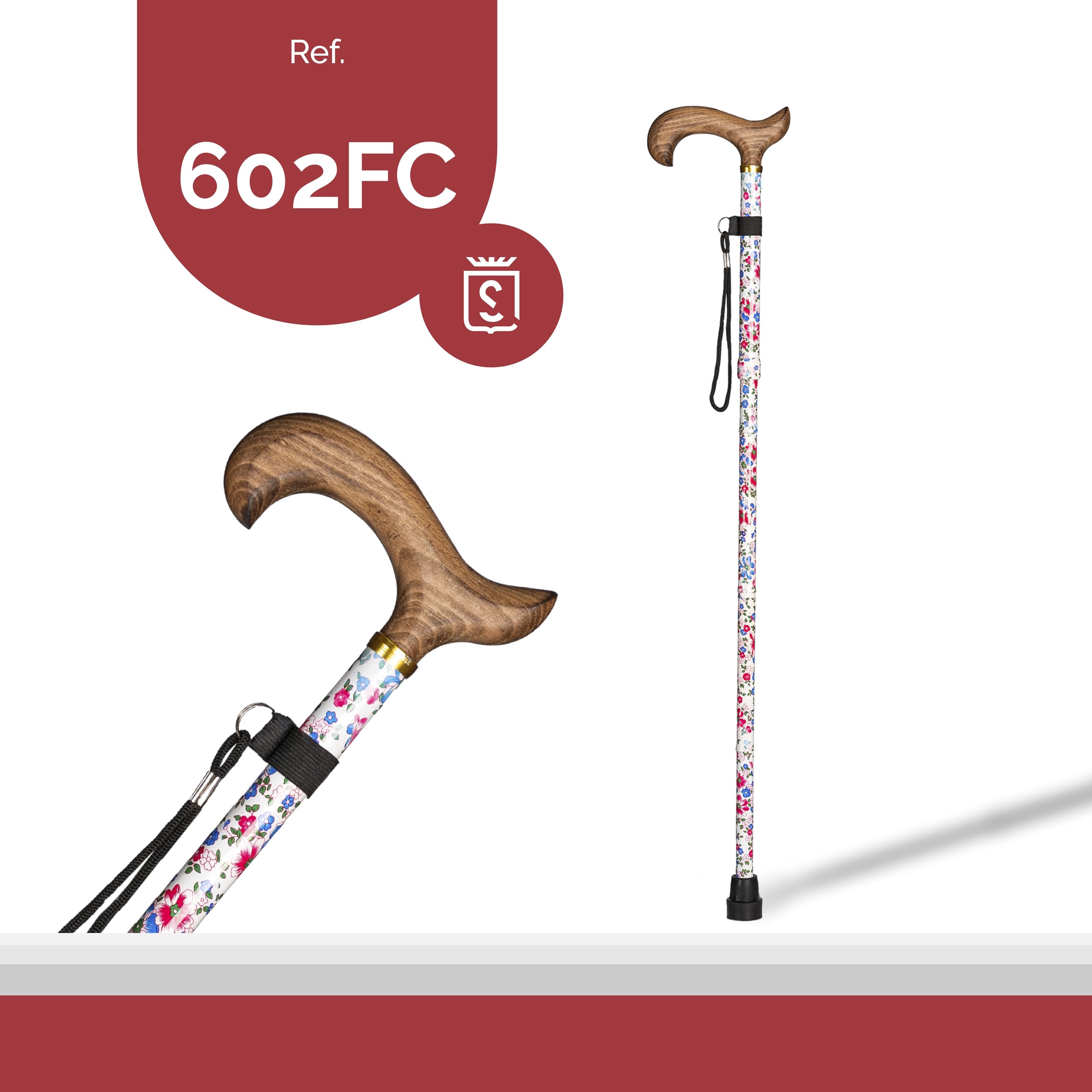 Bastone da Appoggio in Alluminio Pieghevole, Finitura a Fiori e Impugnatura in Legno Calda. Regolabile in Altezza 84-92cm. Bastone per Borsa o Valigia Solo 30cm Piegato (602FC)
