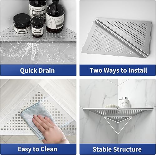 Miniatura 2 de Estantes esquineros de ducha empotrados de acero inoxidable 304 cepillado de 12 pulgadas, estante esquinero para pared de azulejos, sin taladrar,