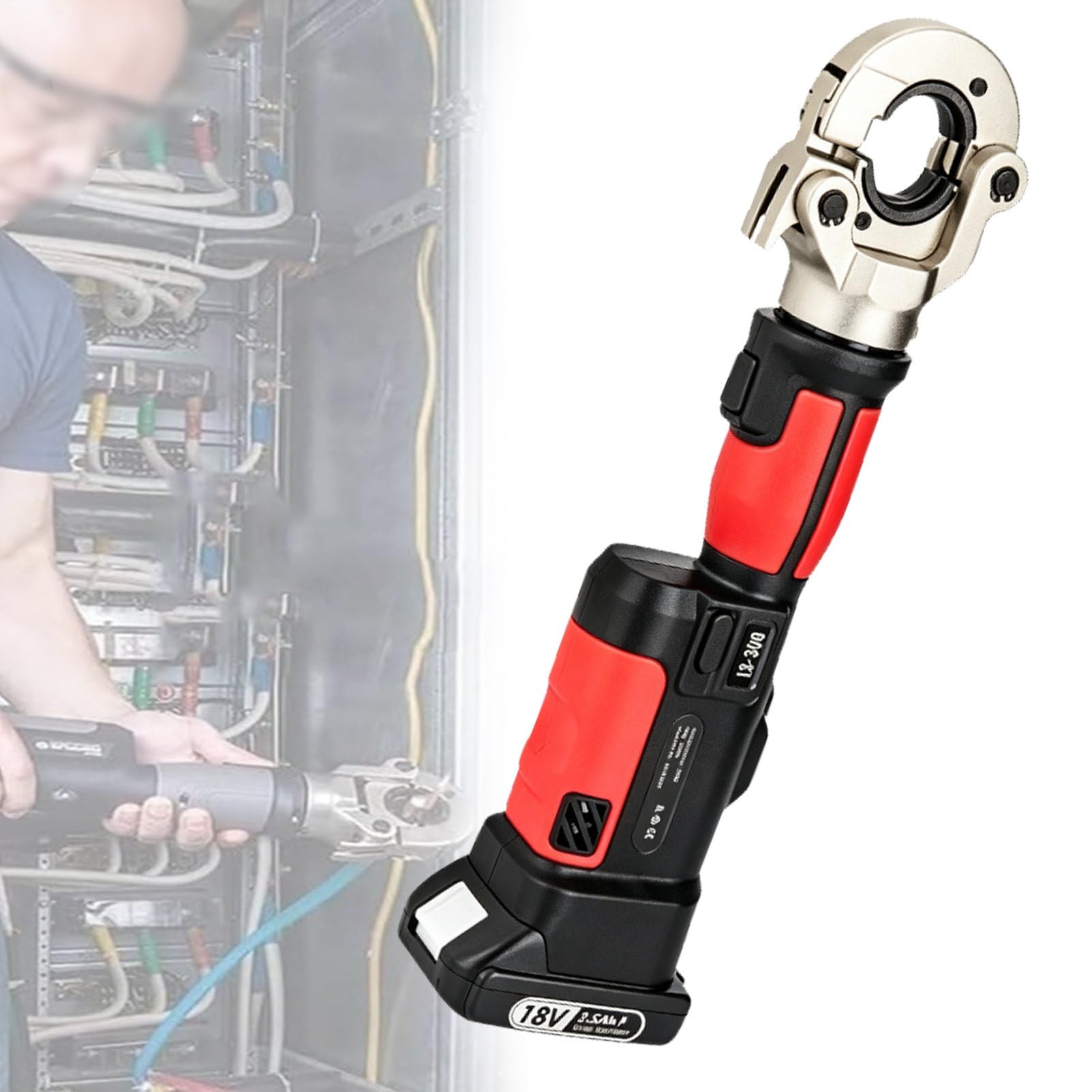 Pvxa 16-300Mm² Rechargeable Hydraulic Crimper, Industrial Hydraulic Cable Lug Crimper, with 12 Pairs of Dies, 360° Rotating Head, for Aluminum Terminal Crimping Red