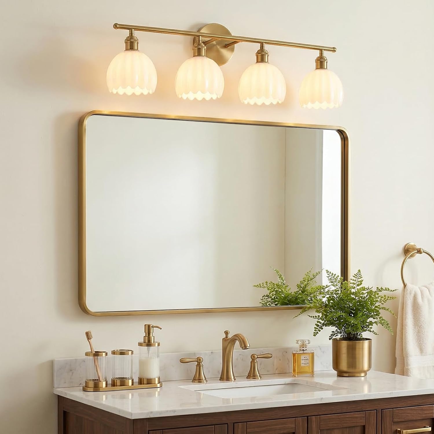 Bathroom Light Fixtures, 4-Light Brass Vanity Wall Light Over Mirror with White Tulip Glass Shade for Bedroom Living Room (Bulb Not Included)
