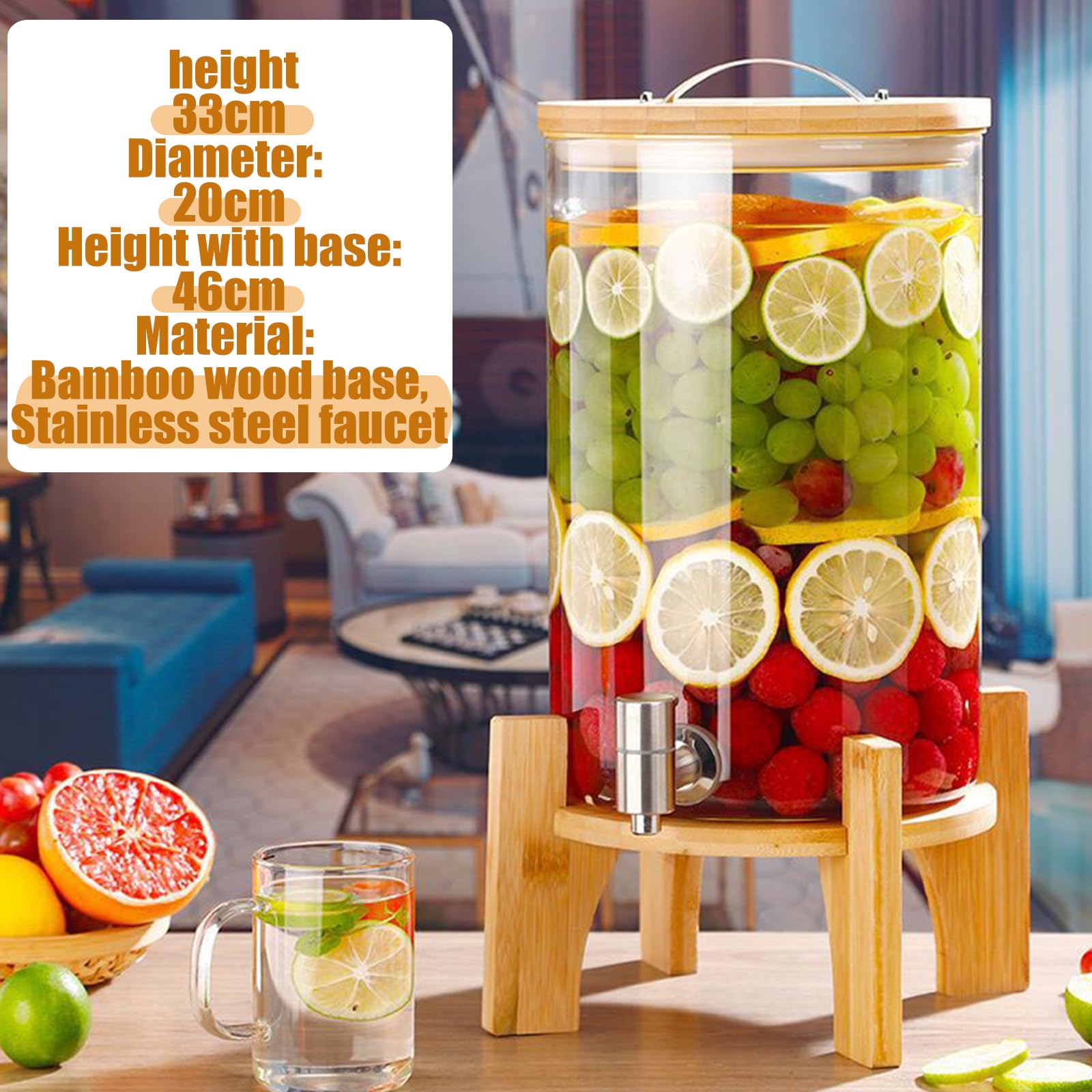 Distributeur De Boissons en Verre avec Support Et Couvercle, Infuseur à Fruits Et Cylindre à Glace 5 L, 7,5 L, 10 L, 15 L pour Boissons Chaudes Ou Froides, Eau Glacée,7.5L