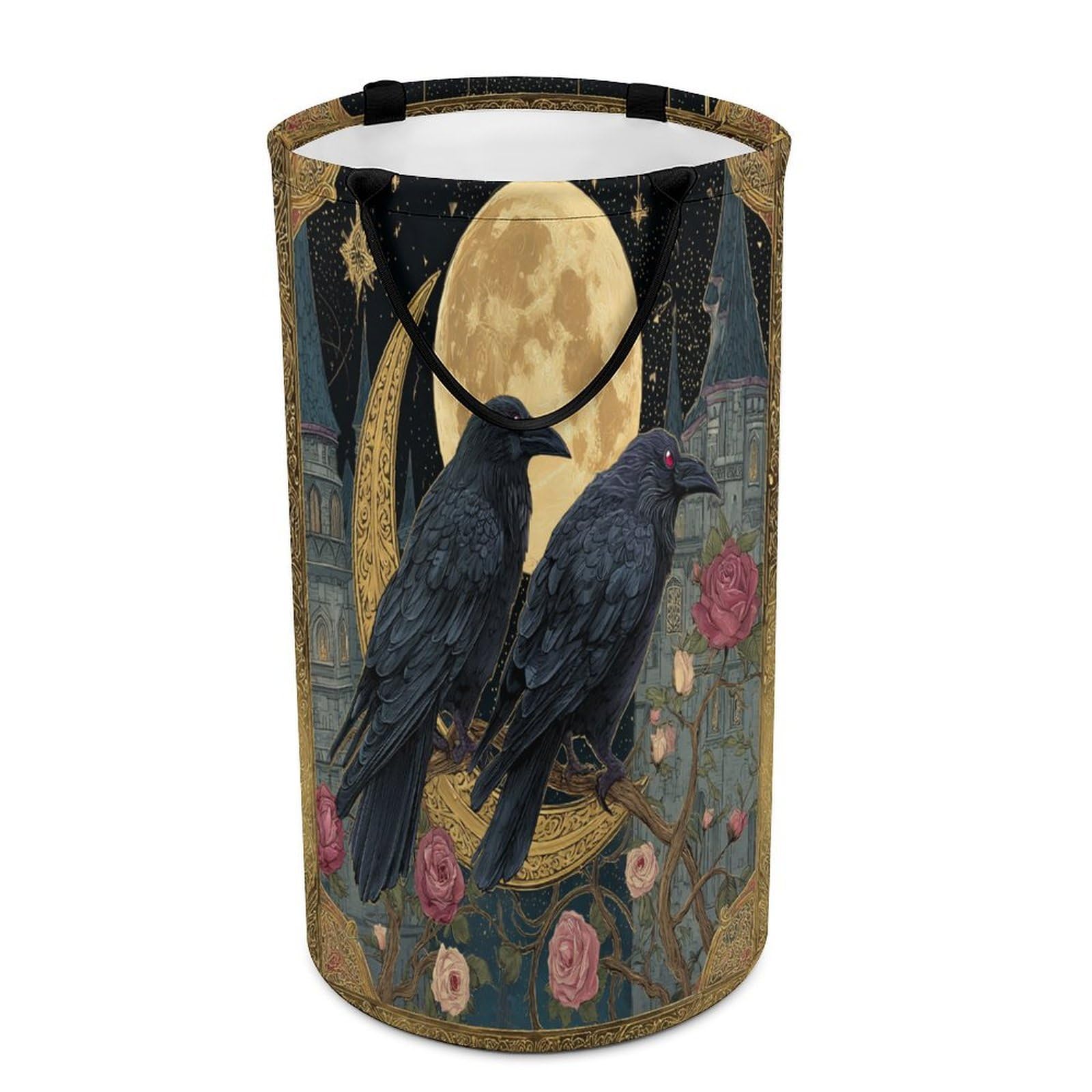 LUYYSKY Vintage Gothic Animal Raven Collapsible Dirty Clothes Basket, Beautiful Classic Full Moon Starry Sky Galaxy Castle Roses Flowers Portable Clothes Storage Laundry Basket-40 CM Dia, 69 CM High