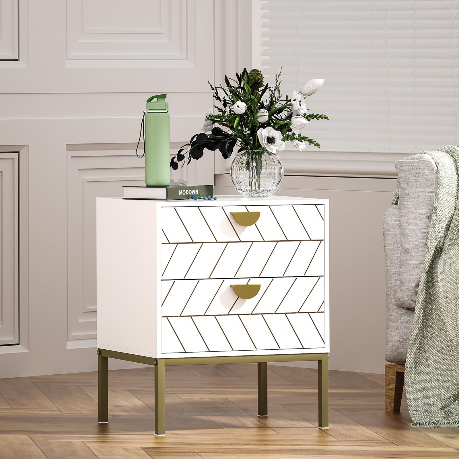 Giluta White Night Stand with 2 Drawers, Modern Nightstand with Gold Solid Metal Legs & Handles, Wood Bedside Table for Bedroom