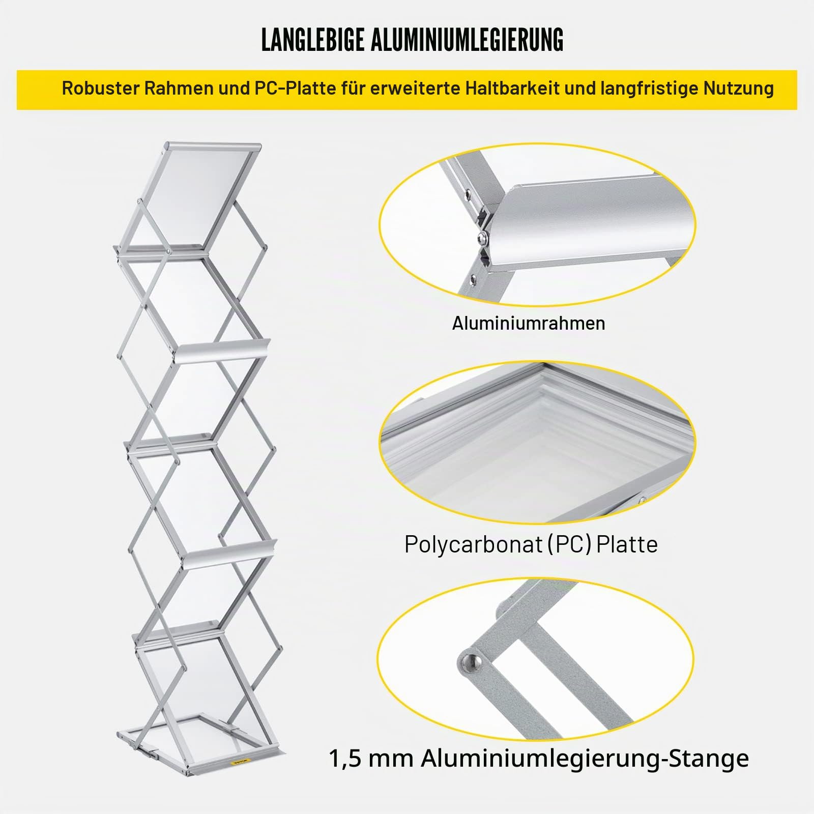 VEVOR Literaturständer, 6 Taschen, Pop-Up-Aluminium-Magazinständer, Leichter Kataloghalter, Ständer mit Tragetasche für Wohnzimmer, Hotel, Messe, Ausstellung, Büro, silber