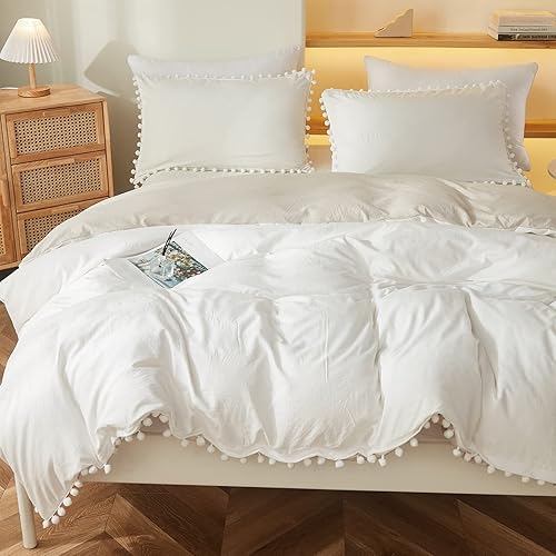 Miniatura 2 de Bedbay Juego de funda de edredón bohemia tamaño individual, diseño de casa de campo con bonito pompones, decoración estética de habitación para