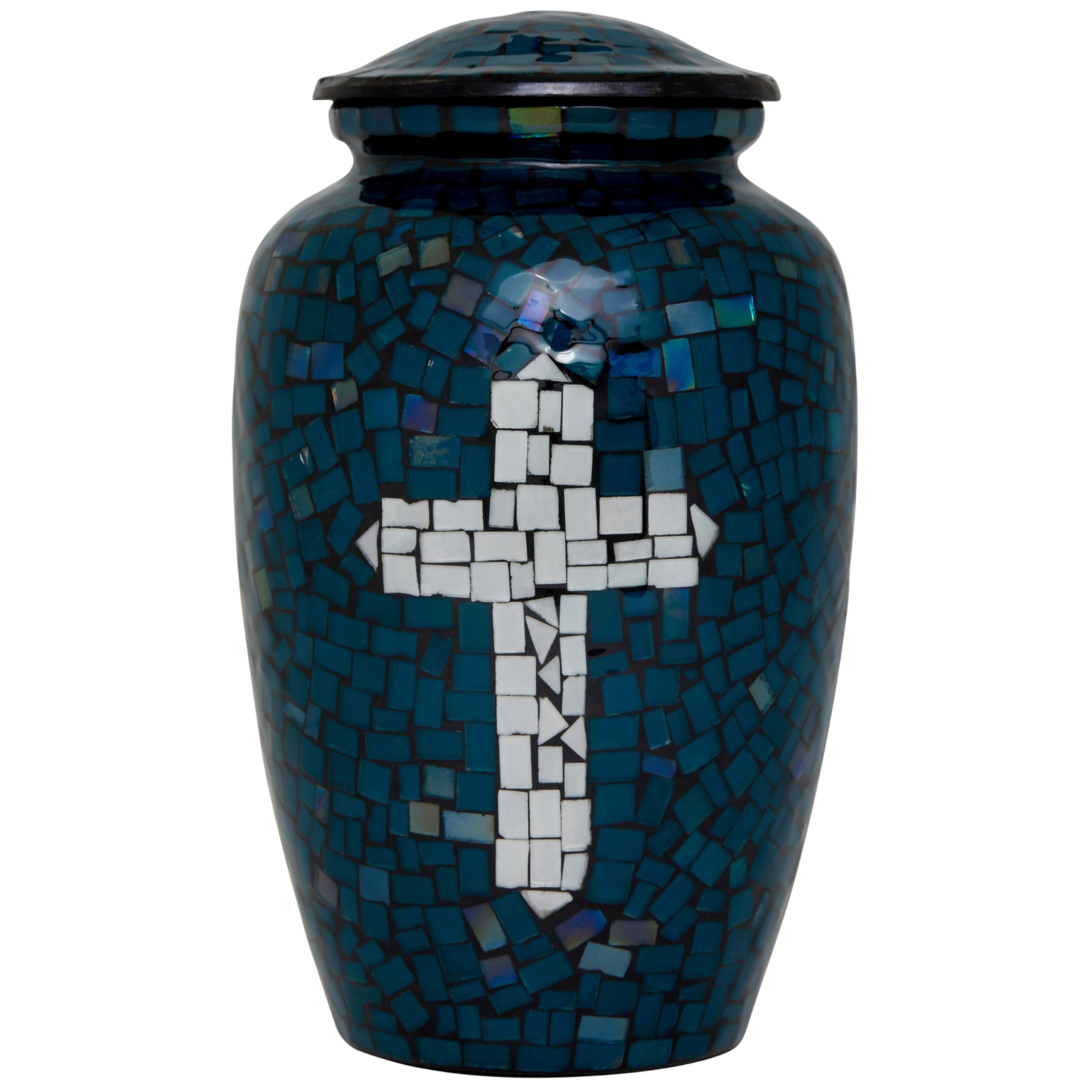 Mosaic Glass Cremation Urn - Hand Made Funeral Urn for Human Ashes - Large Adult Size Burial Urn - Hand Applied Individual Tiles Create a one of a Kind Work of Art - 200 cu in (Deep Blue Cross)