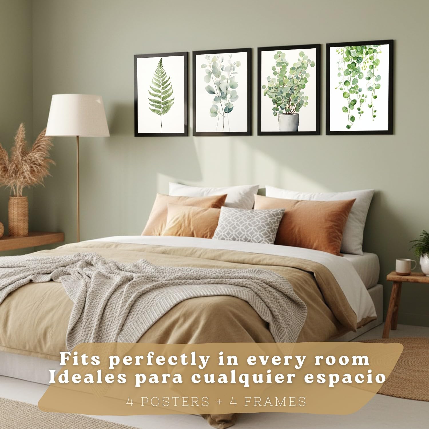 Nacnic Lot De 4 Affiches Botanique Vert Boho – Tableaux Modernes, Décoration Salon Chambre Cuisine Salle De Bain A3 Cadre Noir