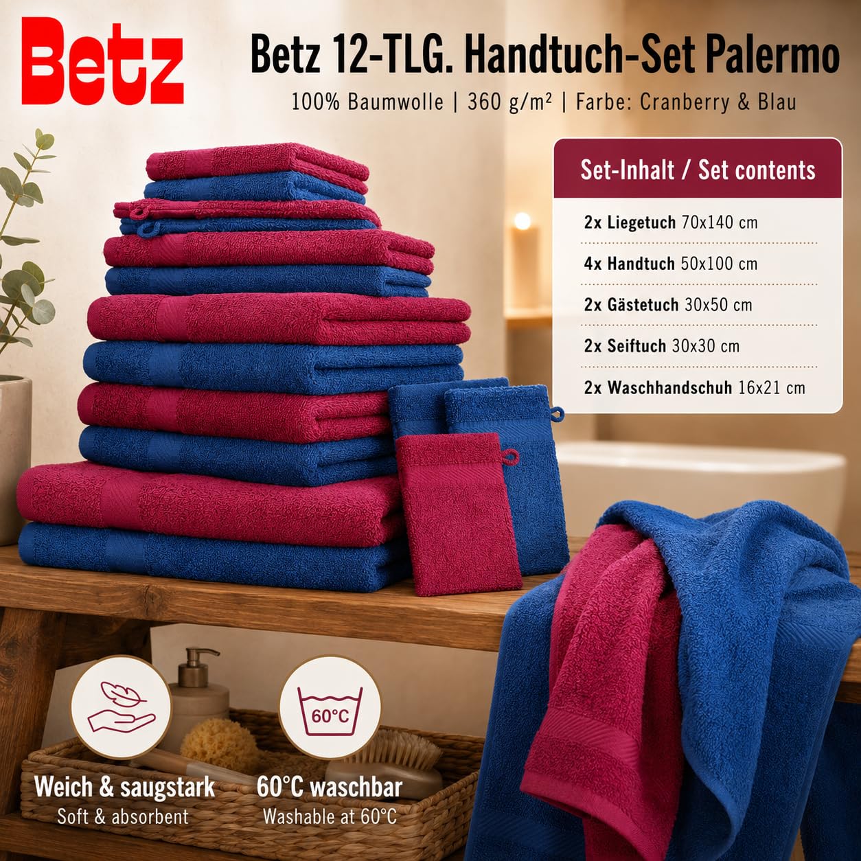 Betz Lot de 12 pièces 100% Coton Palermo 2 draps de Bain 4 Serviettes de Toilette 2 d'invités 2 lavettes 2 Gants de Toilette Couleur Rouge Canneberge et Bleu