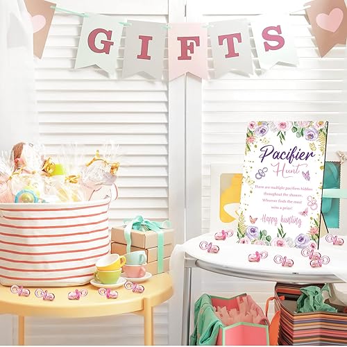 Miniatura 6 de 51 juegos geniales para baby shower, incluyen letrero de caza de chupete de mariposa y 50 chupetes acrílicos para bebé, mini chupetes para fiesta de
